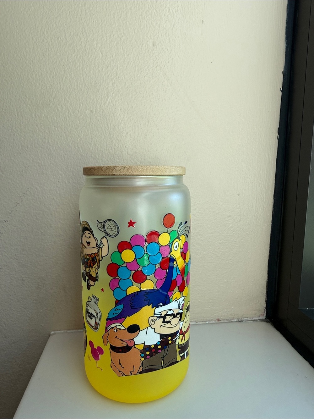 Hand Crafted Yellow Cartoon Balloon Glass Jar with Wood Lid